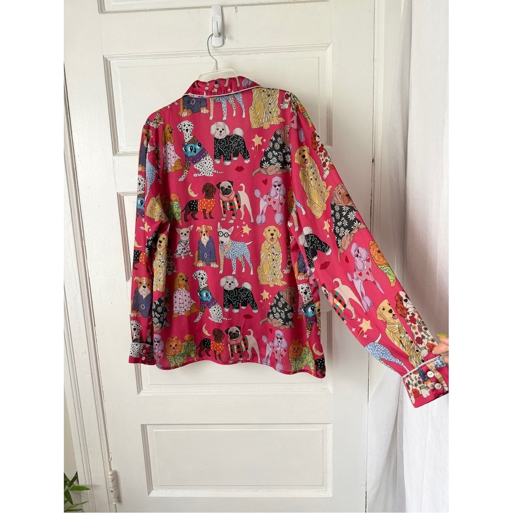 Karen Mabon Pink Dog Print Satin Long Sleeve Pajama Top Button Front XL - Picture 11 of 16